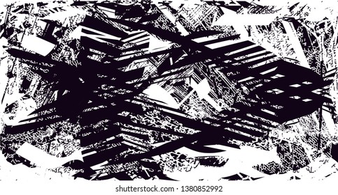 Distressed background in black and white texture with dots, spots, scratches and lines. Abstract vector illustration