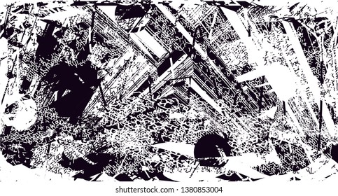 Distressed background in black and white texture with dots, spots, scratches and lines. Abstract vector illustration