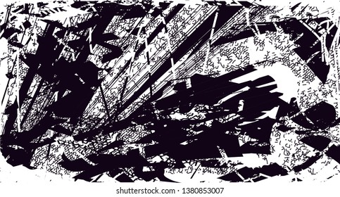 Distressed background in black and white texture with dots, spots, scratches and lines. Abstract vector illustration