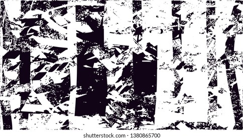 Distressed background in black and white texture with dots, spots, scratches and lines. Abstract vector illustration
