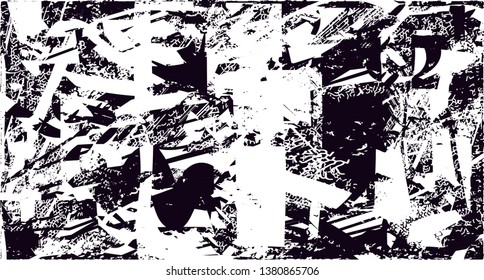 Distressed background in black and white texture with dots, spots, scratches and lines. Abstract vector illustration