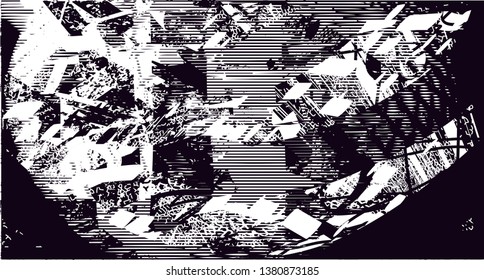 Distressed background in black and white texture with dots, spots, scratches and lines. Abstract vector illustration