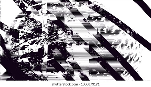 Distressed background in black and white texture with dots, spots, scratches and lines. Abstract vector illustration