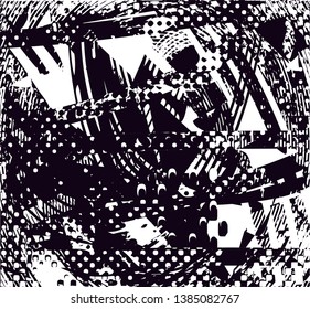 Distressed background in black and white texture with dots, spots, scratches and lines. Abstract vector illustration