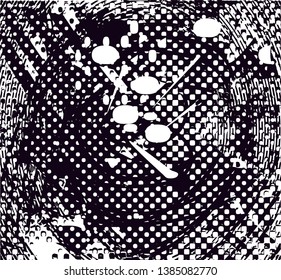 Distressed background in black and white texture with dots, spots, scratches and lines. Abstract vector illustration