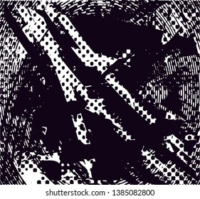 Distressed background in black and white texture with dots, spots, scratches and lines. Abstract vector illustration