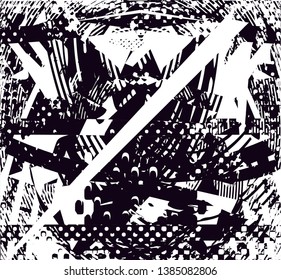 Distressed background in black and white texture with dots, spots, scratches and lines. Abstract vector illustration