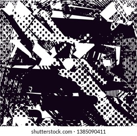 Distressed background in black and white texture with dots, spots, scratches and lines. Abstract vector illustration