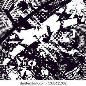 Distressed background in black and white texture with dots, spots, scratches and lines. Abstract vector illustration
