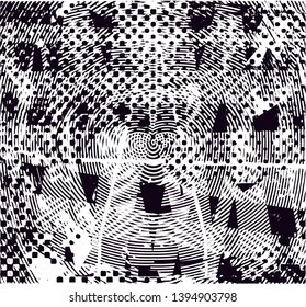 Distressed background in black and white texture with dots, spots, scratches and lines. Abstract vector illustration