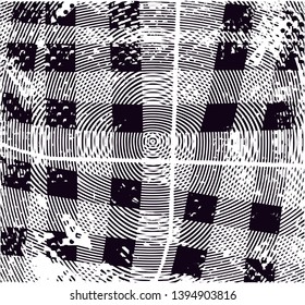 Distressed background in black and white texture with dots, spots, scratches and lines. Abstract vector illustration