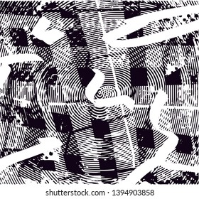 Distressed background in black and white texture with dots, spots, scratches and lines. Abstract vector illustration