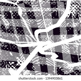 Distressed background in black and white texture with dots, spots, scratches and lines. Abstract vector illustration