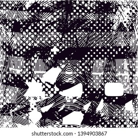 Distressed background in black and white texture with dots, spots, scratches and lines. Abstract vector illustration