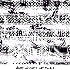 Distressed background in black and white texture with dots, spots, scratches and lines. Abstract vector illustration