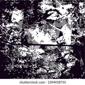 Distressed background in black and white texture with dots, spots, scratches and lines. Abstract vector illustration