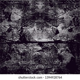 Distressed background in black and white texture with dots, spots, scratches and lines. Abstract vector illustration