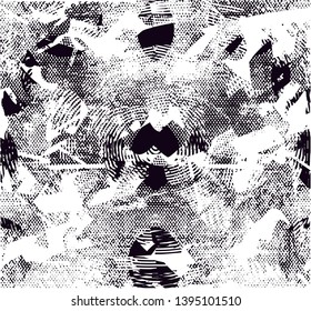 Distressed background in black and white texture with dots, spots, scratches and lines. Abstract vector illustration