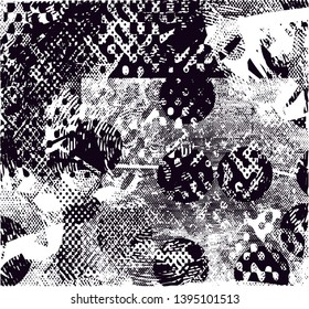 Distressed background in black and white texture with dots, spots, scratches and lines. Abstract vector illustration