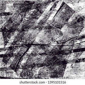 Distressed background in black and white texture with dots, spots, scratches and lines. Abstract vector illustration