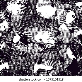Distressed background in black and white texture with dots, spots, scratches and lines. Abstract vector illustration