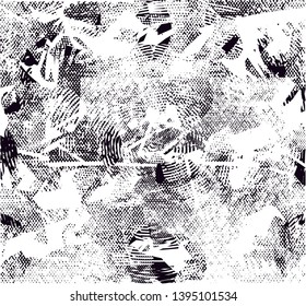 Distressed background in black and white texture with dots, spots, scratches and lines. Abstract vector illustration