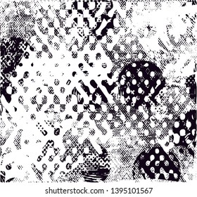 Distressed background in black and white texture with dots, spots, scratches and lines. Abstract vector illustration