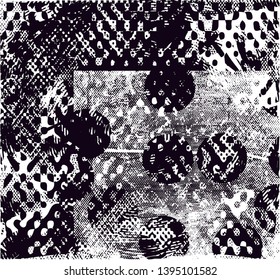 Distressed background in black and white texture with dots, spots, scratches and lines. Abstract vector illustration
