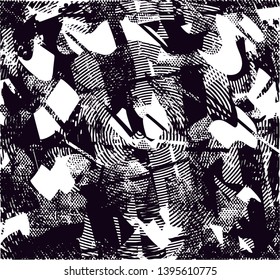 Distressed background in black and white texture with dots, spots, scratches and lines. Abstract vector illustration