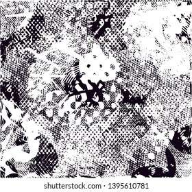Distressed background in black and white texture with dots, spots, scratches and lines. Abstract vector illustration