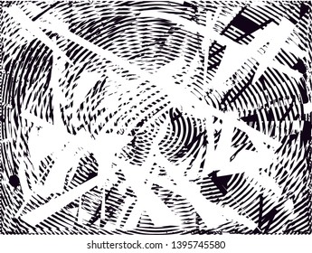 Distressed background in black and white texture with dots, spots, scratches and lines. Abstract vector illustration