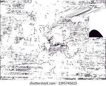 Distressed background in black and white texture with dots, spots, scratches and lines. Abstract vector illustration