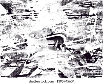 Distressed background in black and white texture with dots, spots, scratches and lines. Abstract vector illustration