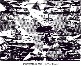 Distressed background in black and white texture with dots, spots, scratches and lines. Abstract vector illustration