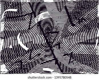 Distressed background in black and white texture with dots, spots, scratches and lines. Abstract vector illustration