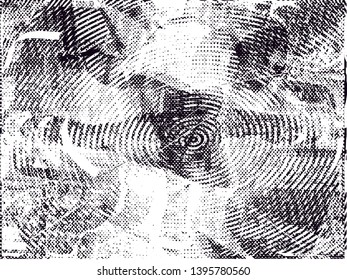 Distressed background in black and white texture with dots, spots, scratches and lines. Abstract vector illustration