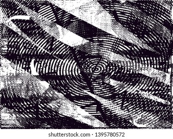 Distressed background in black and white texture with dots, spots, scratches and lines. Abstract vector illustration
