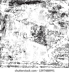 Distressed background in black and white texture with dots, spots, scratches and lines. Abstract vector illustration