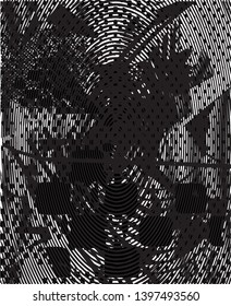 Distressed background in black and white texture with dots, spots, scratches and lines. Abstract vector illustration