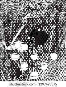 Distressed background in black and white texture with dots, spots, scratches and lines. Abstract vector illustration