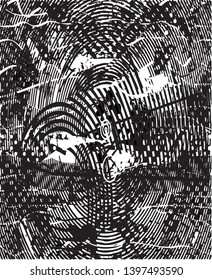 Distressed background in black and white texture with dots, spots, scratches and lines. Abstract vector illustration