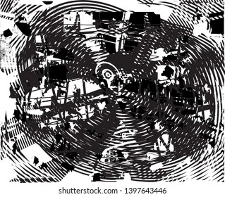 Distressed background in black and white texture with dots, spots, scratches and lines. Abstract vector illustration
