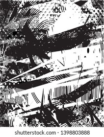 Distressed background in black and white texture with dots, spots, scratches and lines. Abstract vector illustration