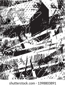 Distressed background in black and white texture with dots, spots, scratches and lines. Abstract vector illustration