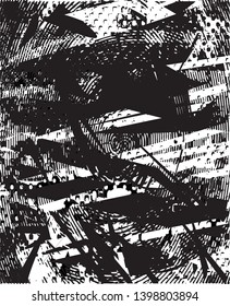 Distressed background in black and white texture with dots, spots, scratches and lines. Abstract vector illustration