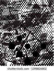 Distressed background in black and white texture with dots, spots, scratches and lines. Abstract vector illustration