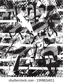 Distressed background in black and white texture with dots, spots, scratches and lines. Abstract vector illustration