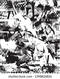 Distressed background in black and white texture with dots, spots, scratches and lines. Abstract vector illustration