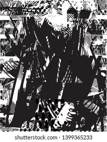 Distressed background in black and white texture with dots, spots, scratches and lines. Abstract vector illustration