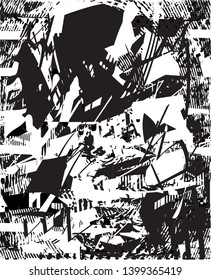 Distressed background in black and white texture with dots, spots, scratches and lines. Abstract vector illustration